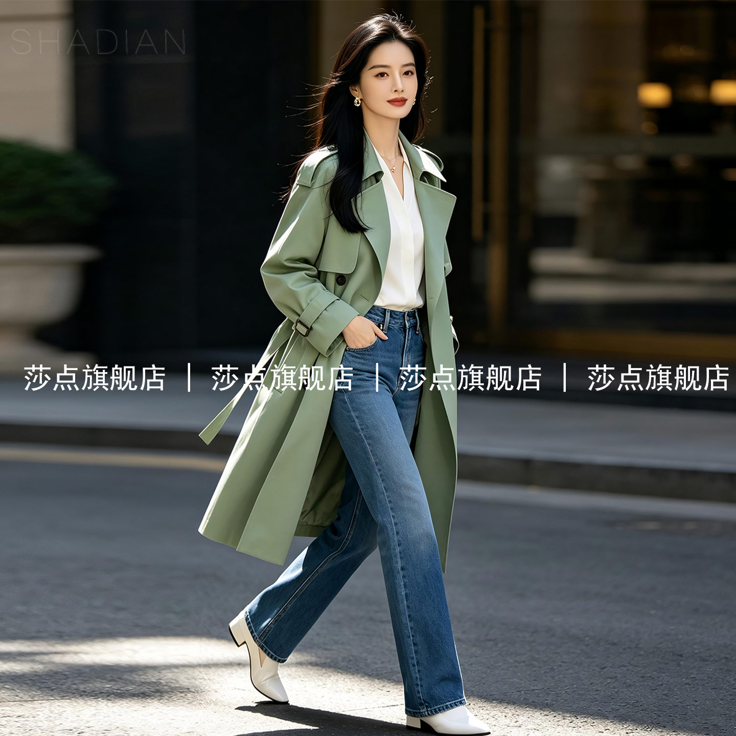豆绿色休闲风衣女中长款秋季