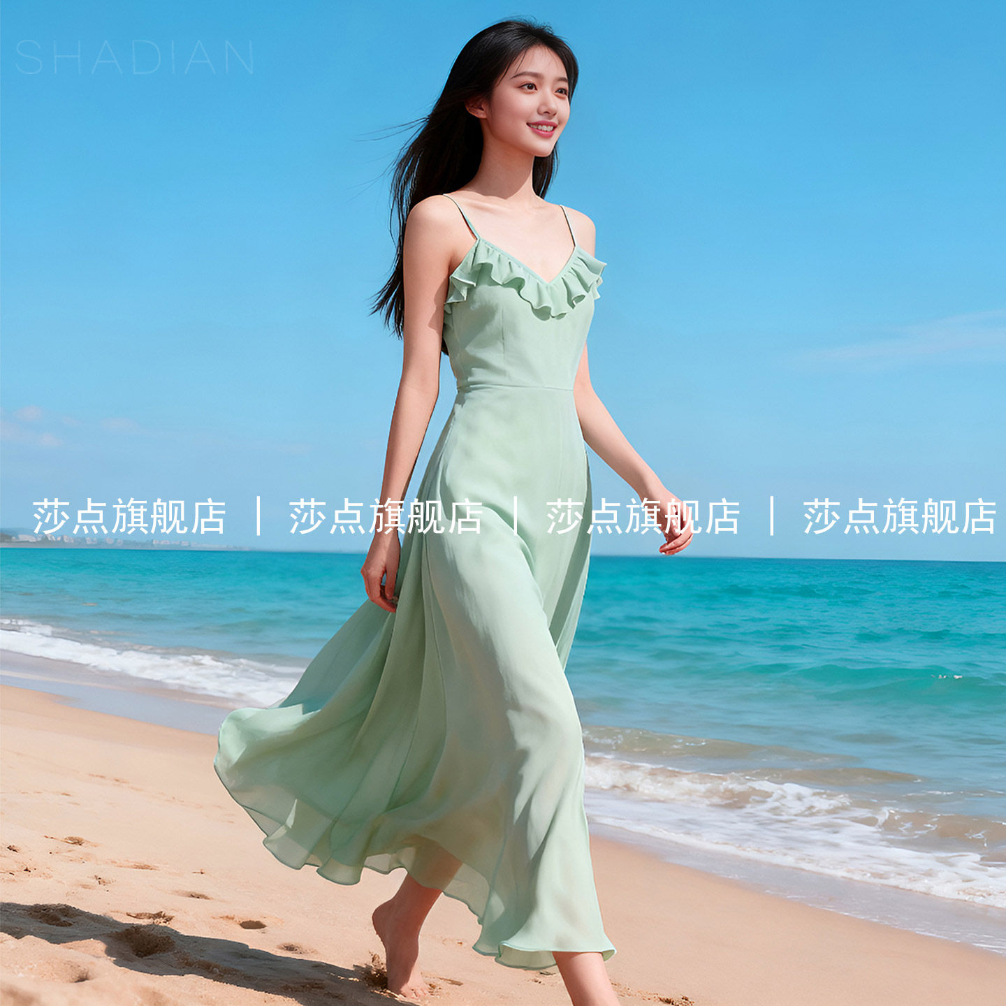 绿色薄纱无袖吊带连衣裙女夏