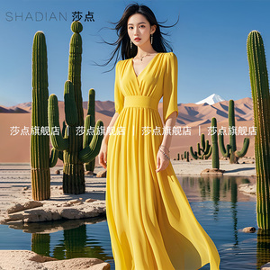 黄色V领薄纱连衣裙女夏短袖气质长款海边度假长裙大摆收腰沙滩裙