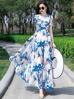 V-neck dress for women 2026 summer new style chiffon short-sleeved long dress slimming big swing dress Beach vacation dress thumbnail 3