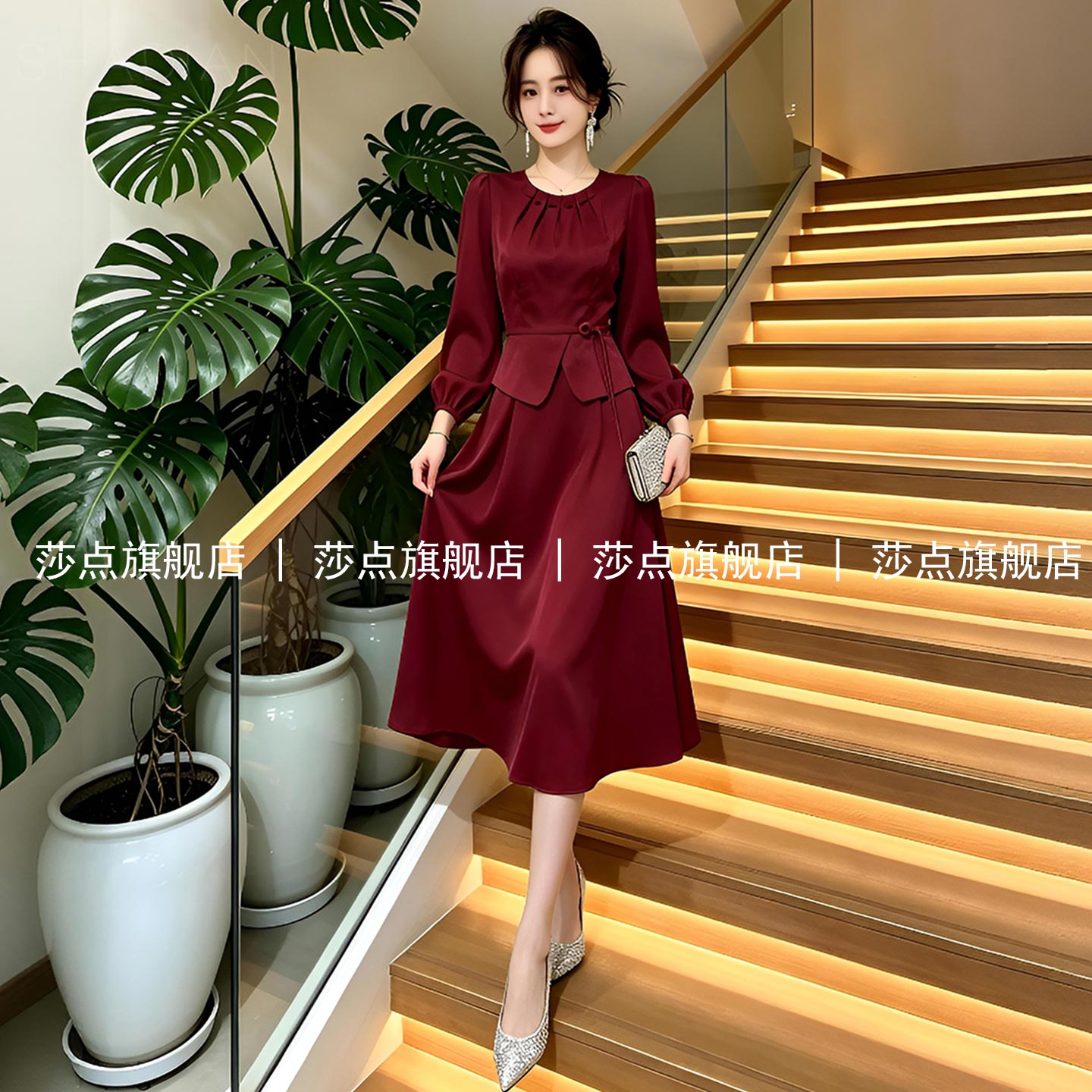 酒红色长袖假两件连衣裙女
