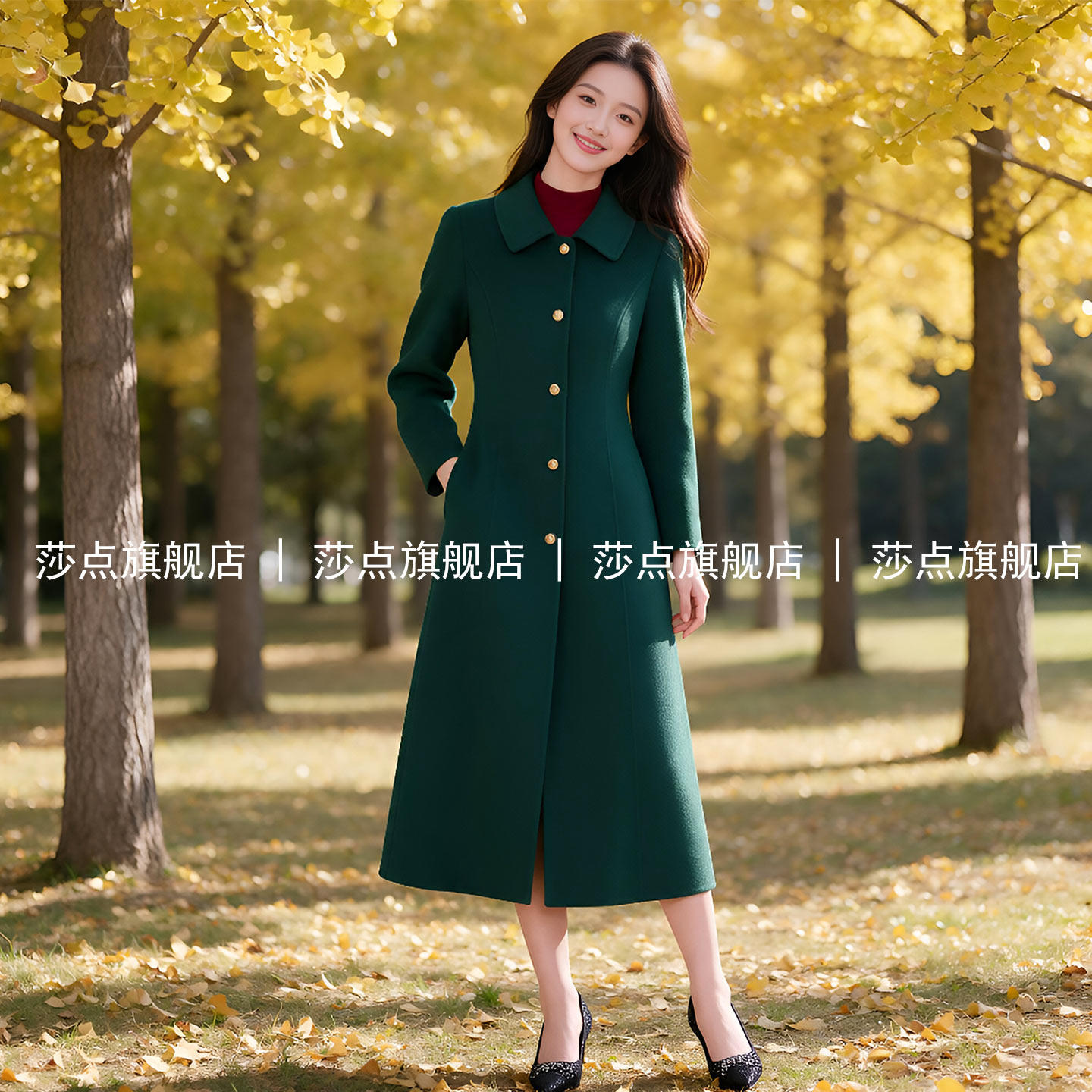 绿色单排扣休闲毛呢外套女秋冬