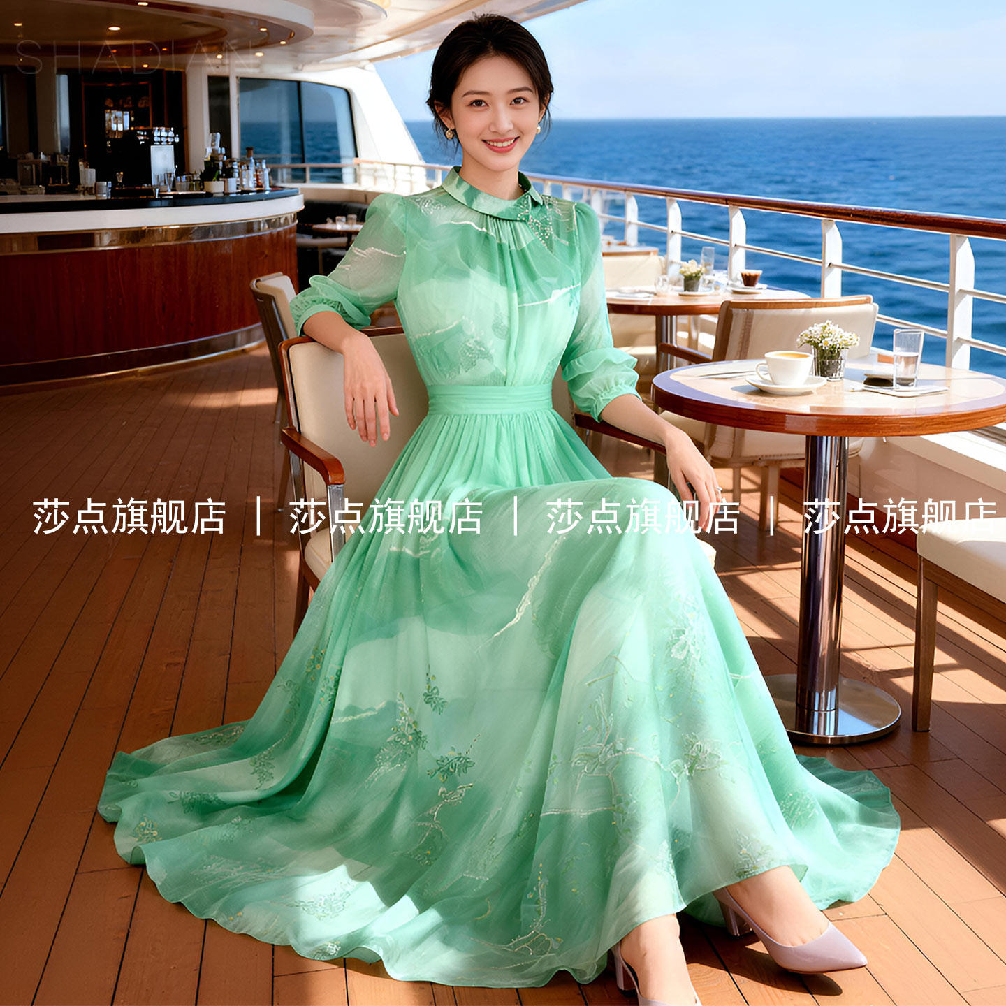 七分袖绿色碎花连衣裙女夏薄纱长裙海边度假沙滩裙修身气质大摆裙