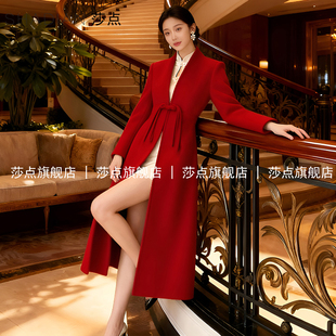 红色新中式盘口呢子大衣女中长款气质修身过膝加厚毛呢外套高级感