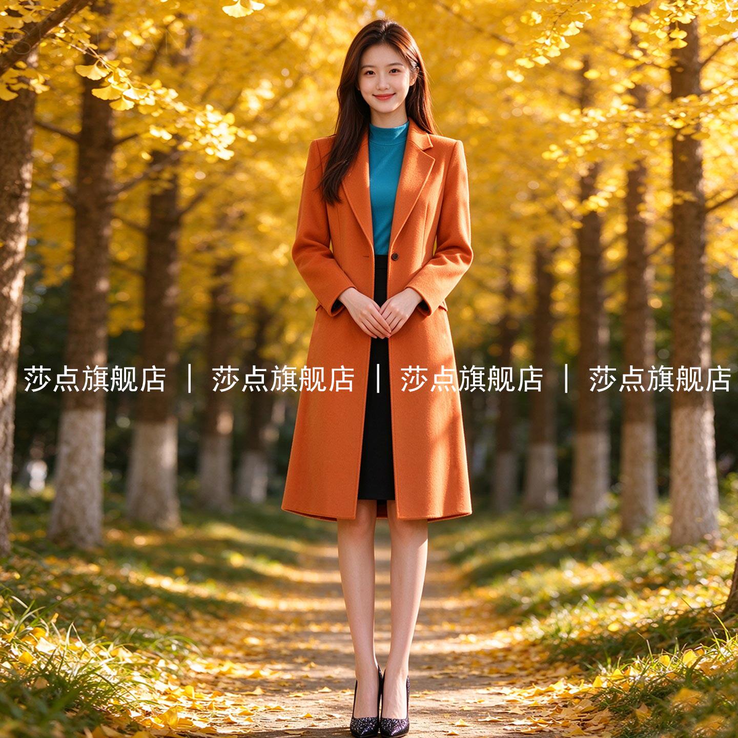 桔色西装领单排扣呢子大衣女冬加厚2026新款气质收腰过膝毛呢外套