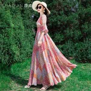 沙滩裙长裙三亚旅游海边度假连衣裙夏天超仙雪纺大摆裙修身显瘦