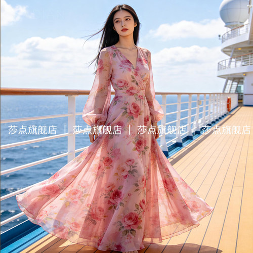 V领粉色长袖碎花连衣裙女夏
