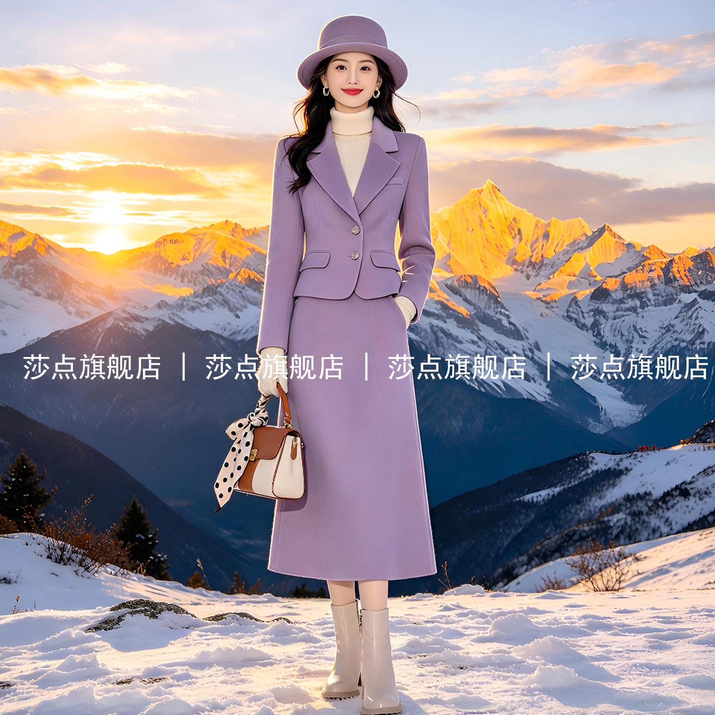 紫色休闲西装套装裙女秋冬
