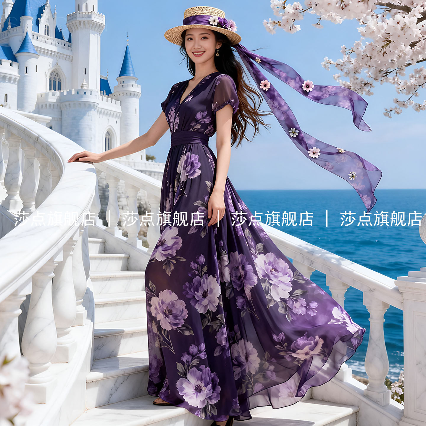 V领短袖紫色碎花连衣裙女夏仙女裙海边度假沙滩裙收腰雪纺长裙