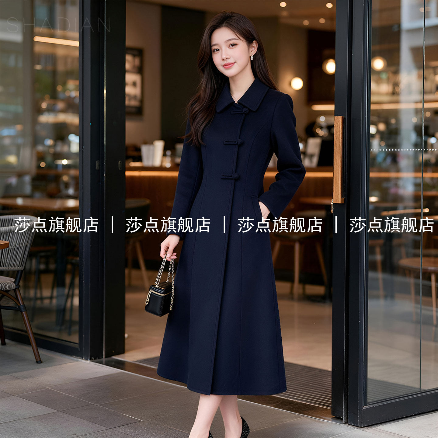 藏青色单排扣毛呢外套女秋冬加厚