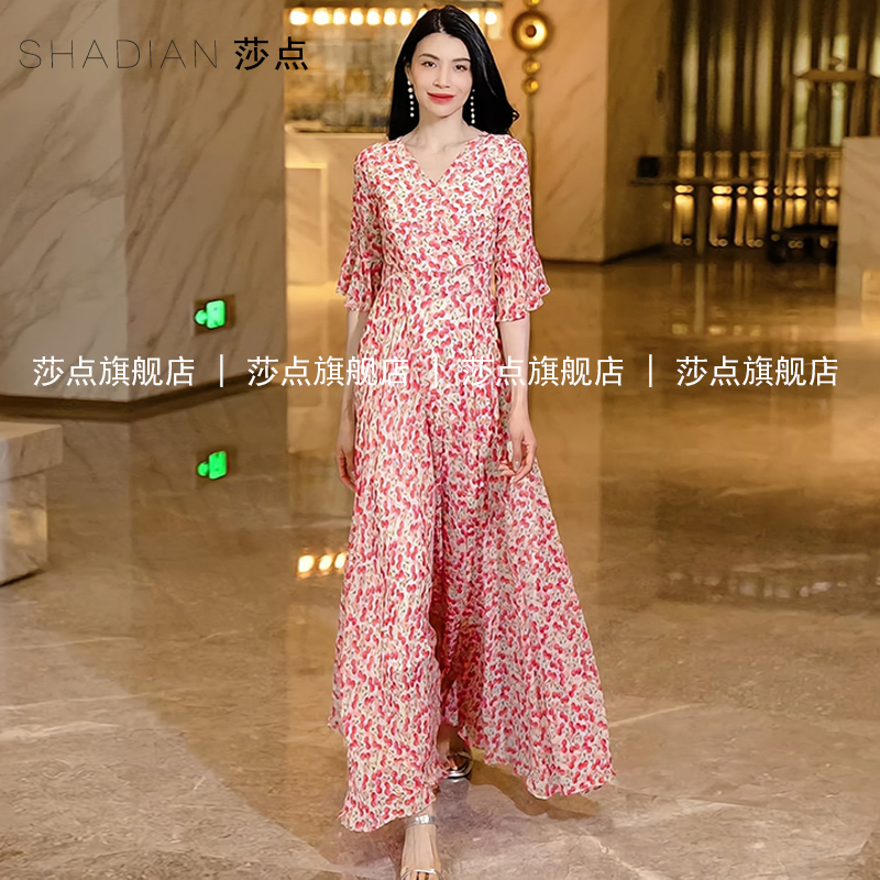 2025新款法式V领薄纱连衣裙女夏气质大摆碎花裙雪纺海边度假长裙