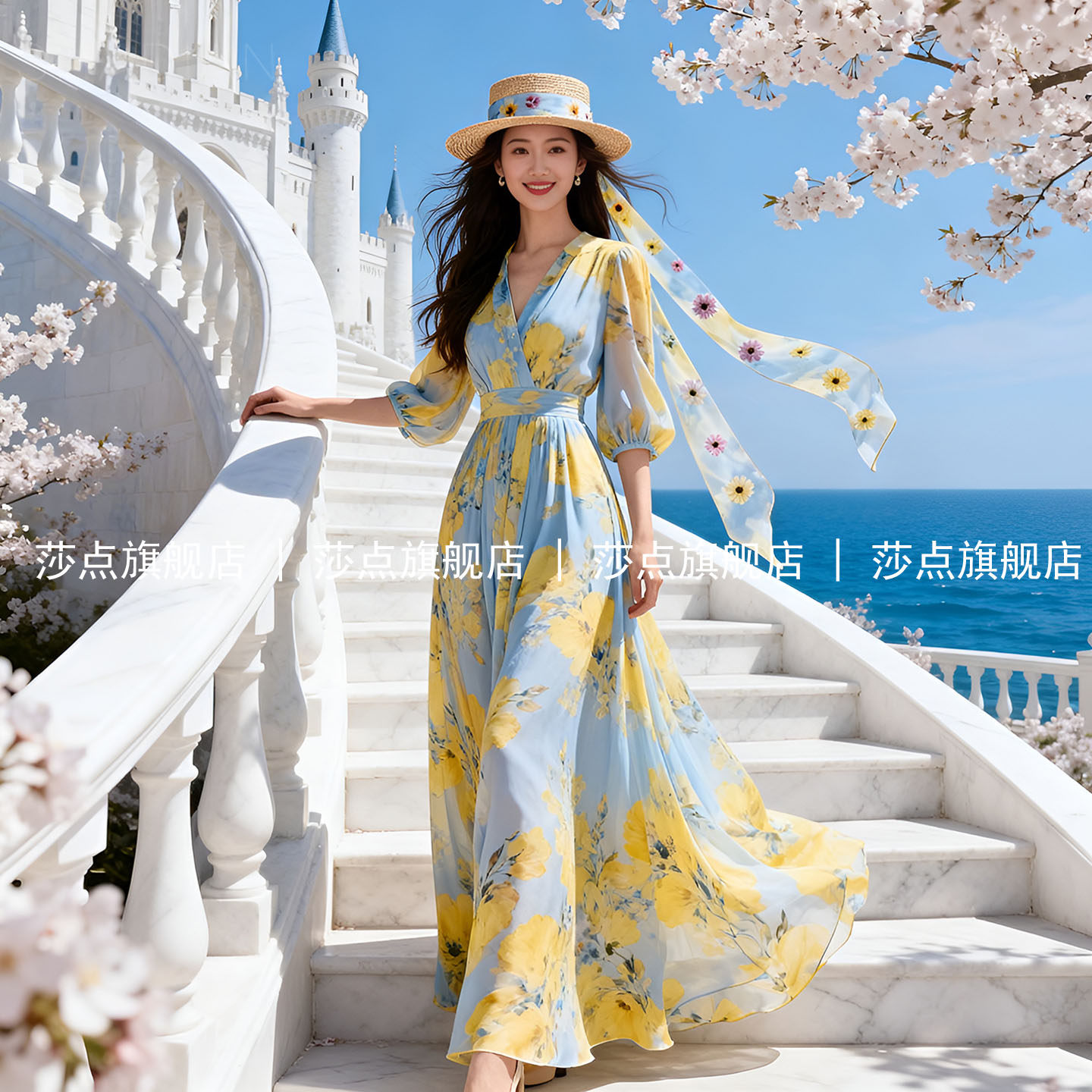 V领短袖碎花连衣裙女夏2026海边度假沙滩裙收腰气质雪纺大摆长裙