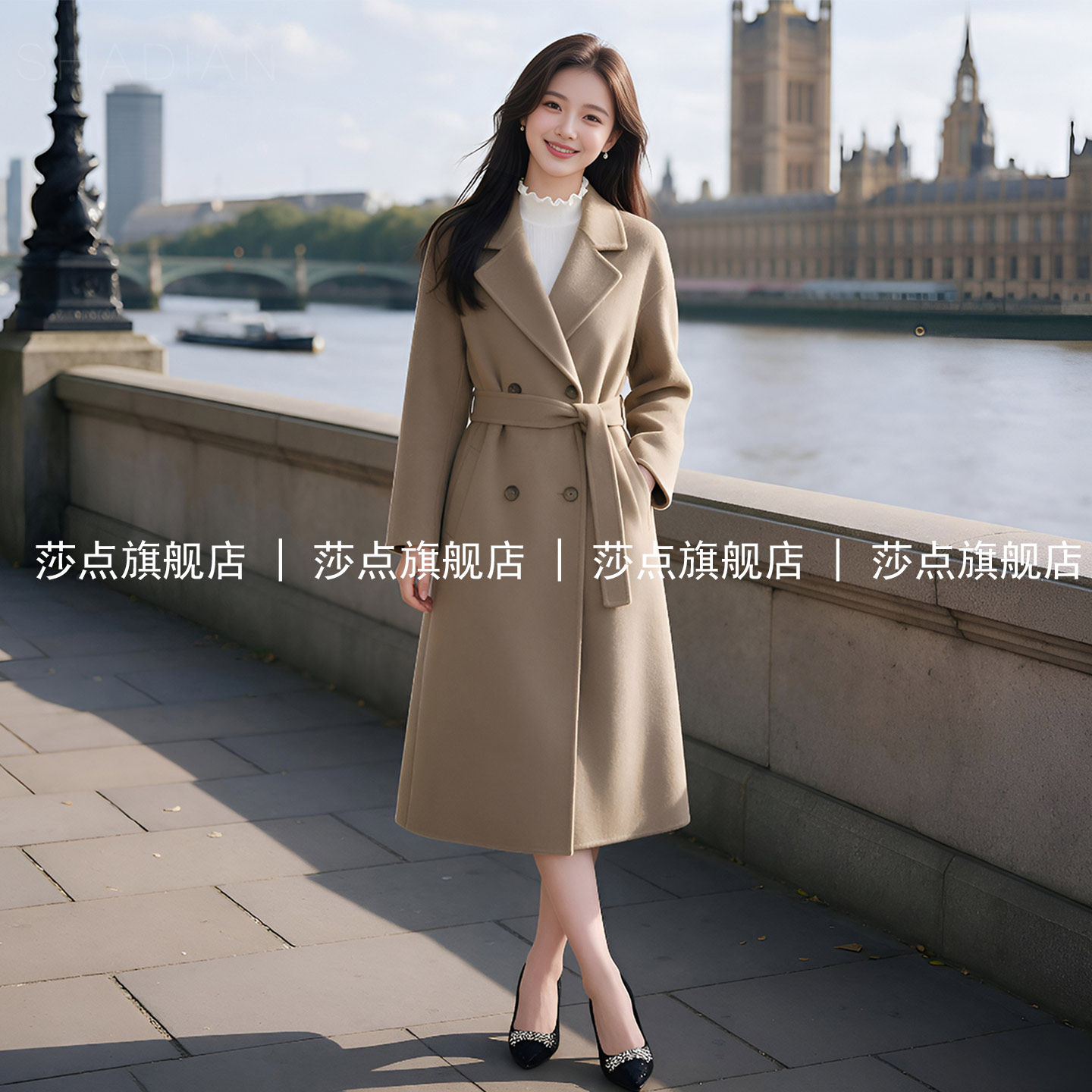 双排扣卡其色毛呢外套女冬加厚