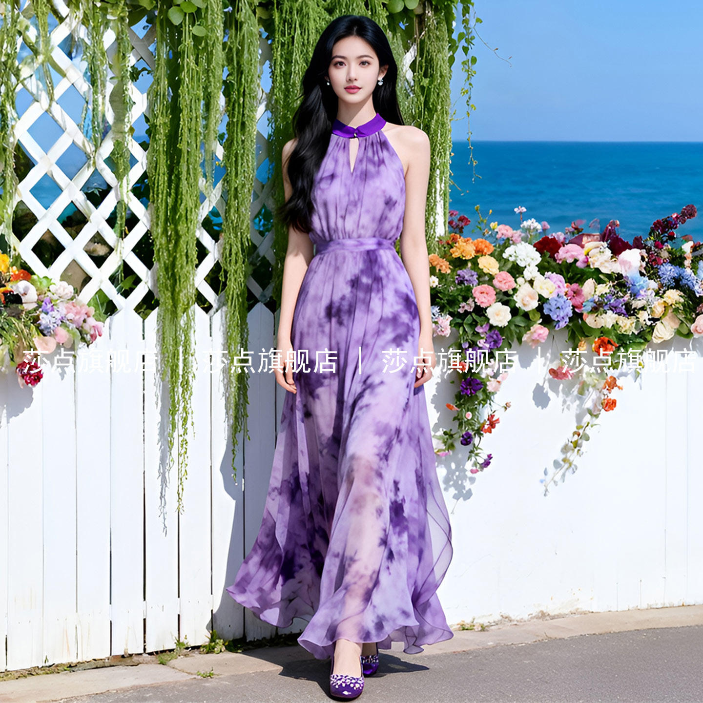 紫色无袖碎花连衣裙女夏