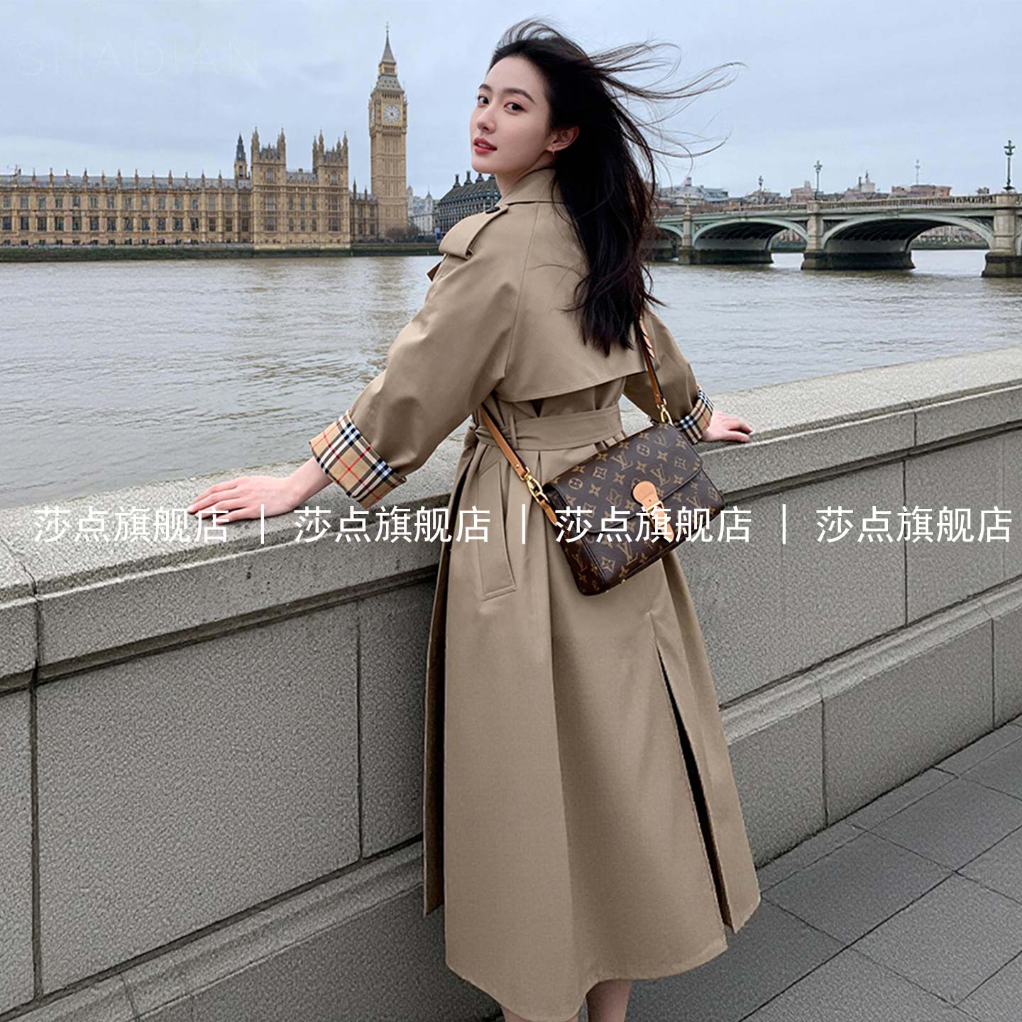 卡其色双排扣风衣外套女中长款
