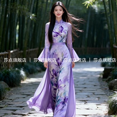 新中式国风长袖碎花连衣裙女夏