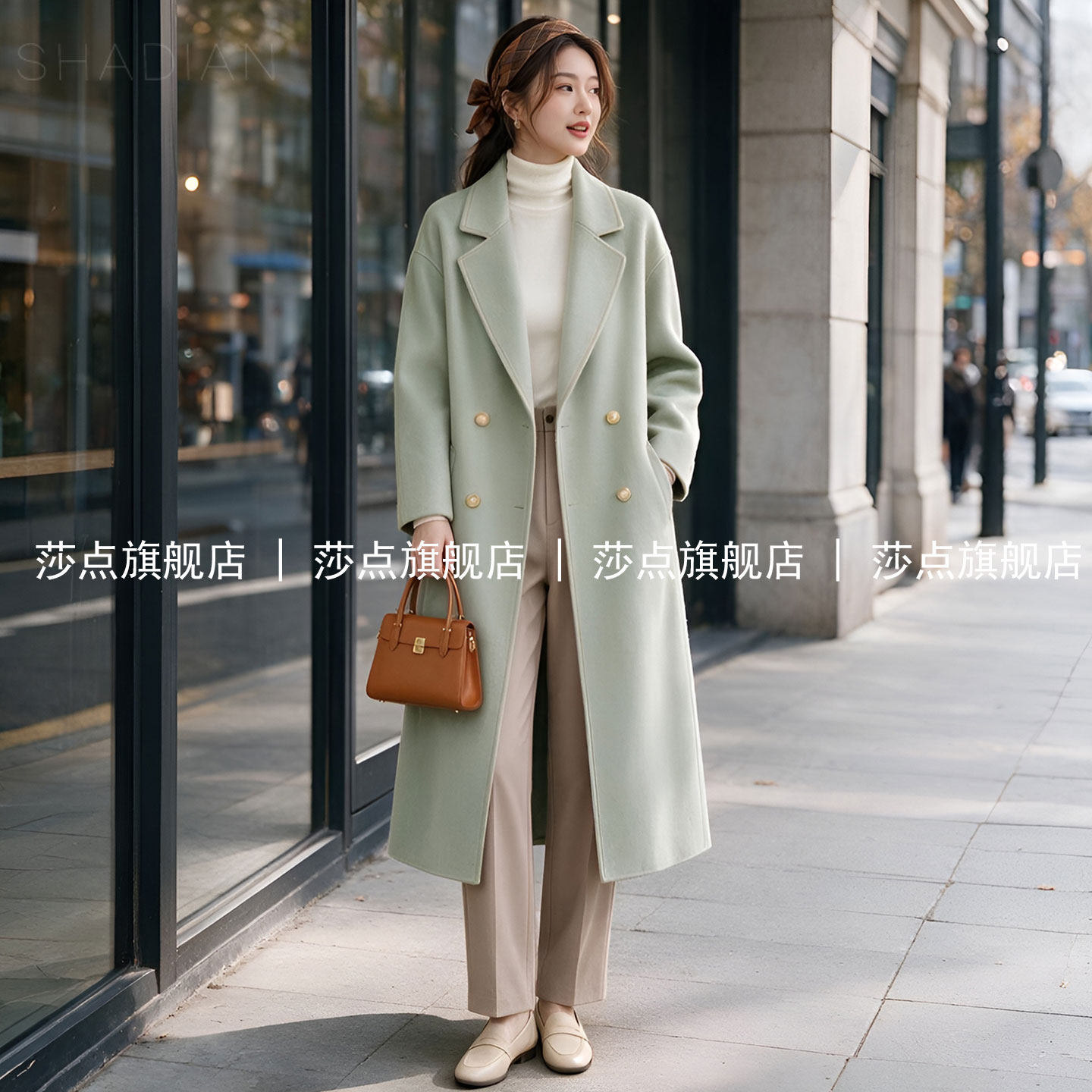 豆绿色西装领双排扣毛呢外套