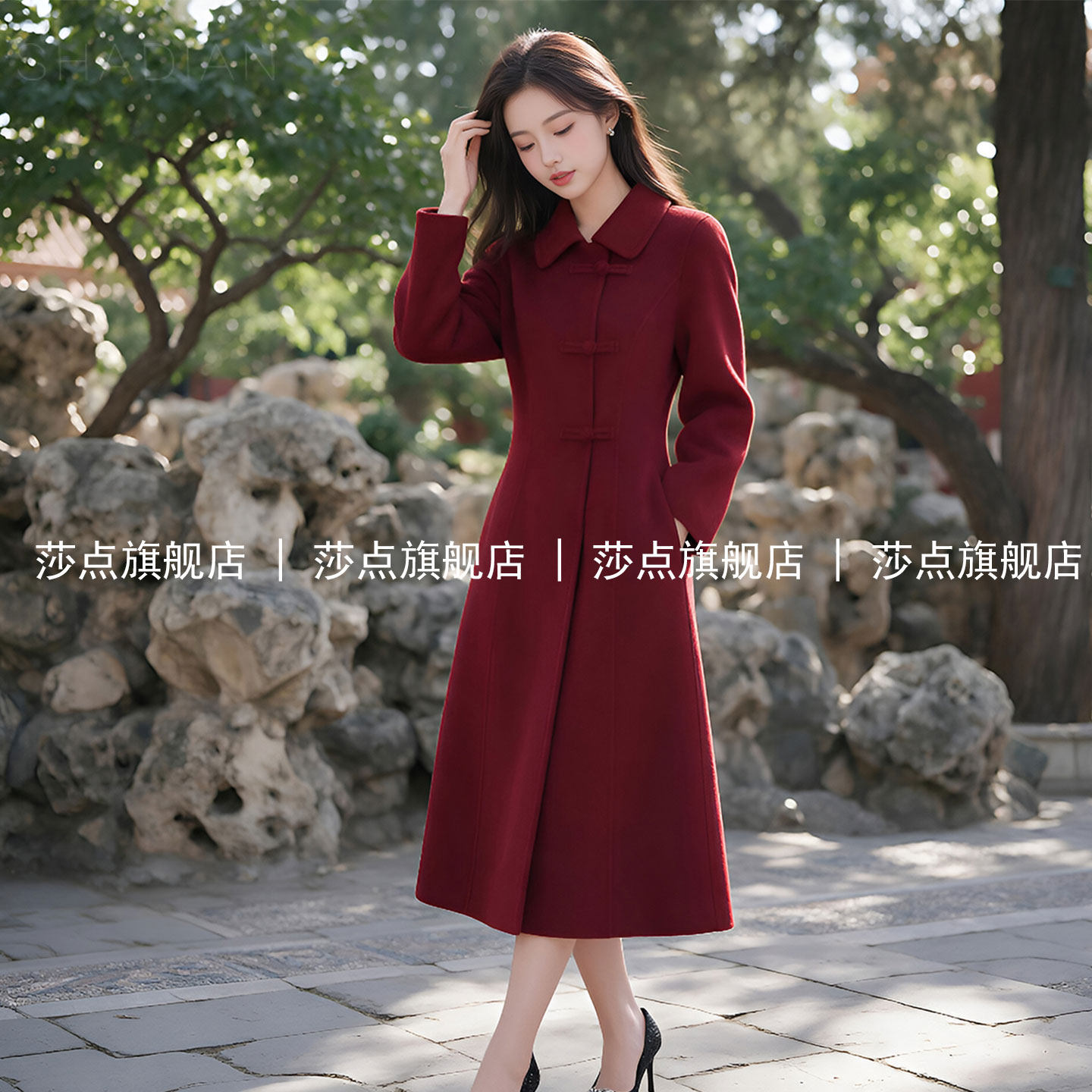 酒红色单排扣呢子大衣女冬加厚