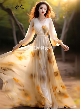 今年流行黄色连衣裙雪纺长款到脚踝大摆裙收腰显瘦海边度假沙滩裙