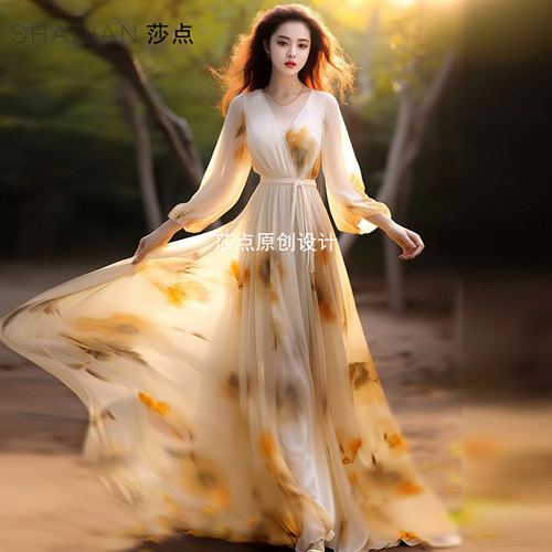 莎点黄色印花连衣裙度假裙