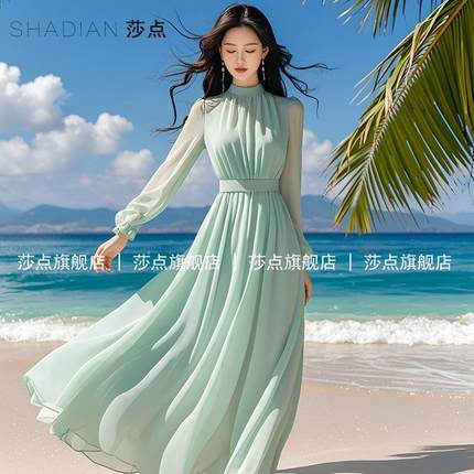 法式温柔风海边度假收腰显瘦长裙高级感2025超好看绿色长袖连衣裙
