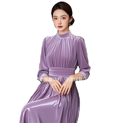紫色翻领春秋连衣裙2025新款高级感气质长袖裙子显瘦丝绒长裙