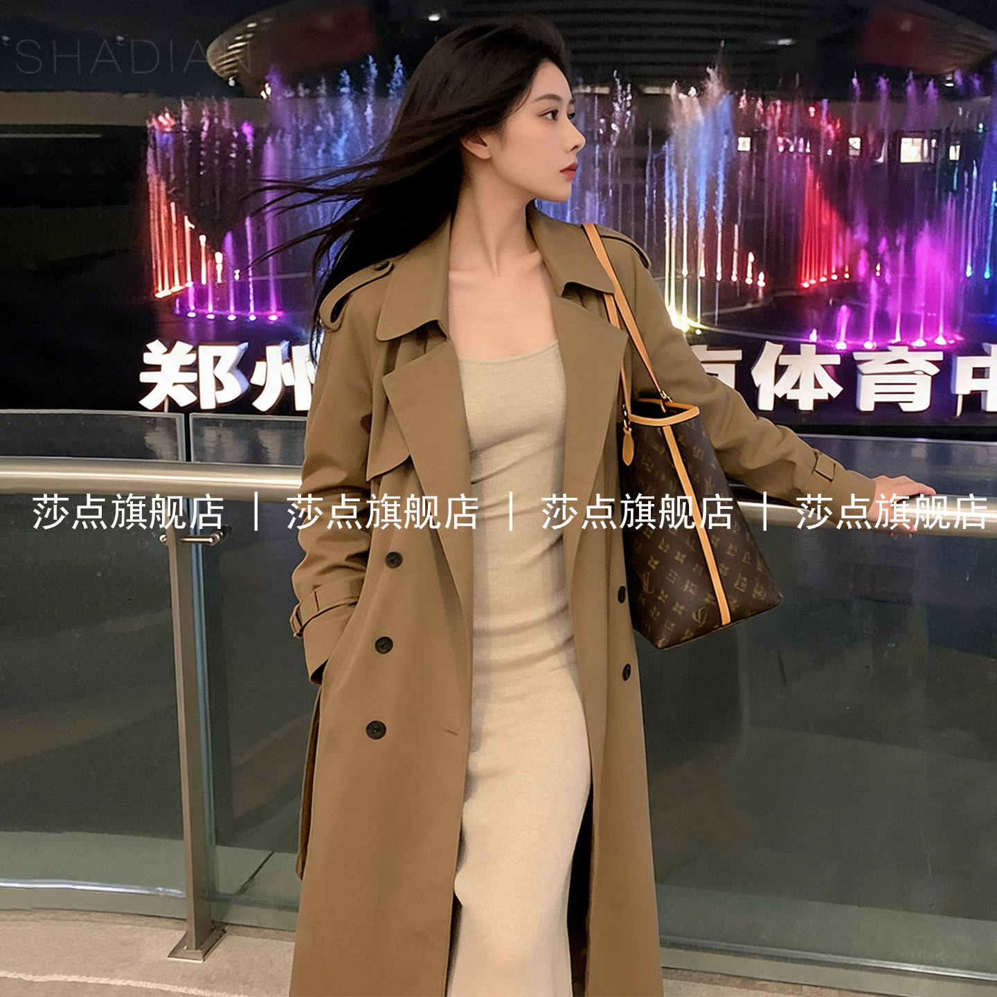 卡其色双排扣西装领休闲时尚风衣