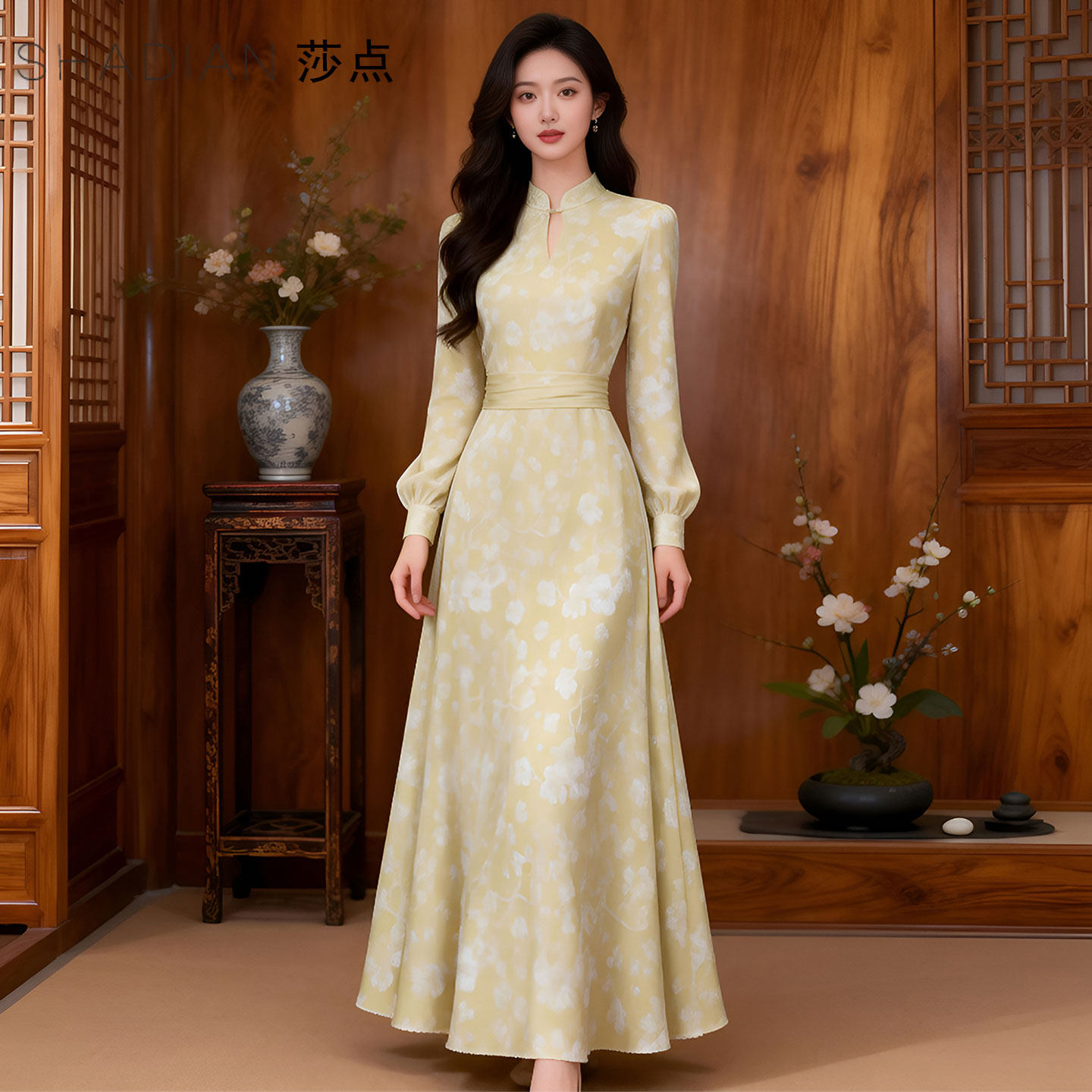 2026春季新款黄色长袖新中式连衣裙女修身气质宴会高级感礼服裙