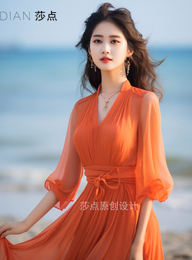 橙色连衣裙雪纺长裙五分袖大摆裙收腰显瘦好看漂亮裙子海边沙滩裙
