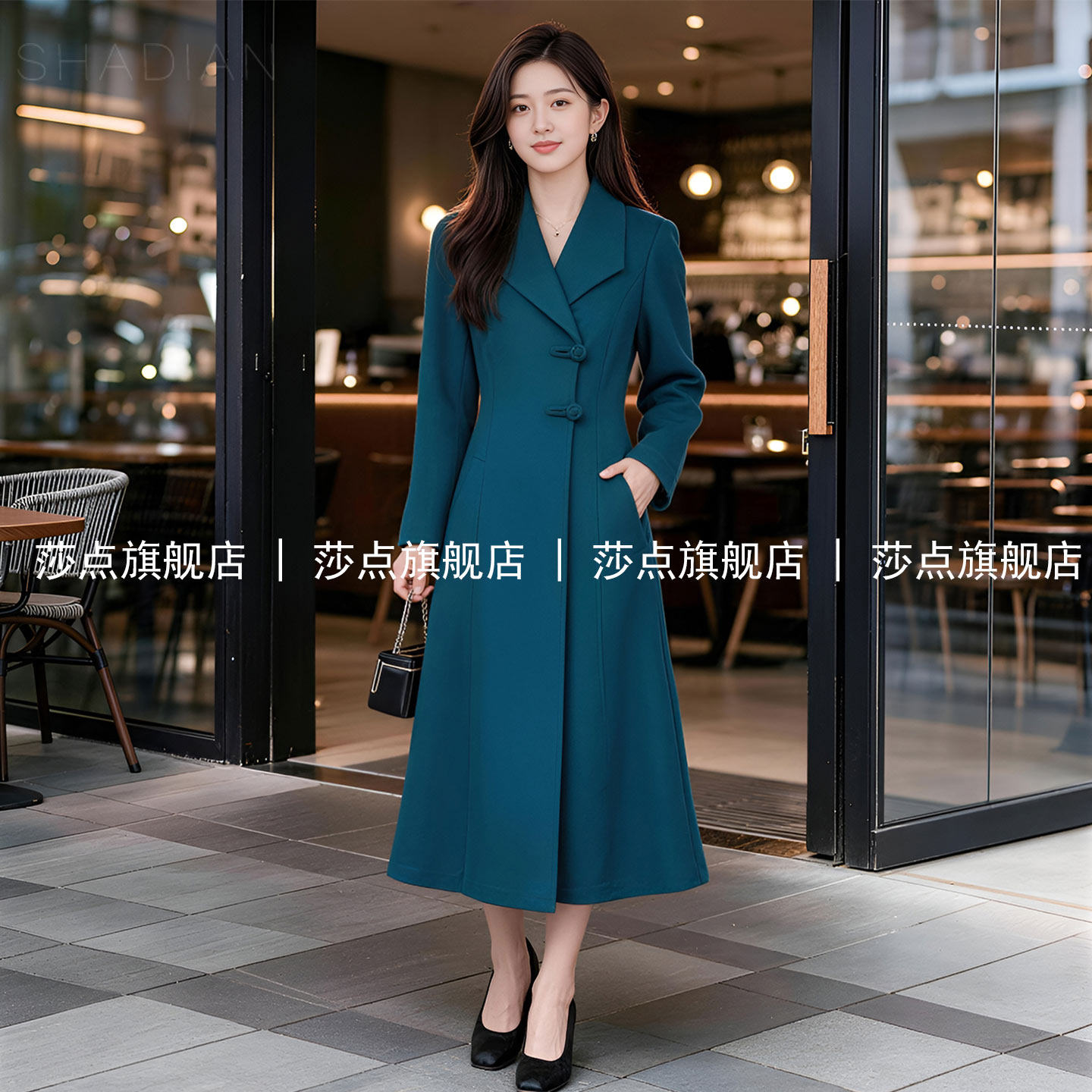 湖蓝色西装领单排扣毛呢外套女冬