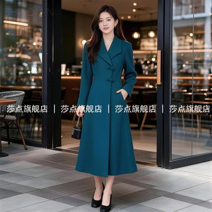 湖蓝色西装领单排扣毛呢外套女冬加厚2026新款中长款过膝呢子大衣