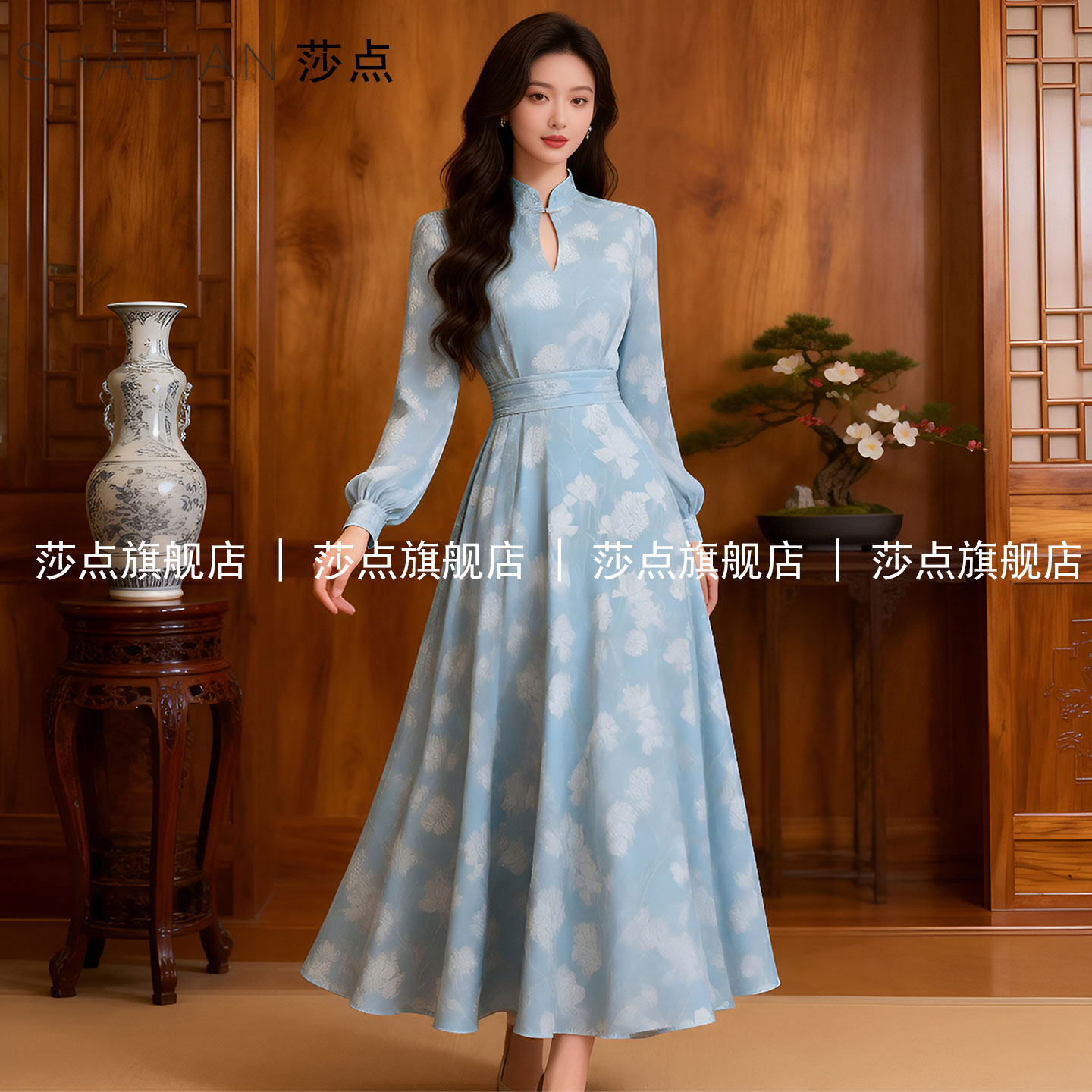 2026春季新款长袖新中式印花连衣裙女气质收腰长裙修身宴会礼服裙