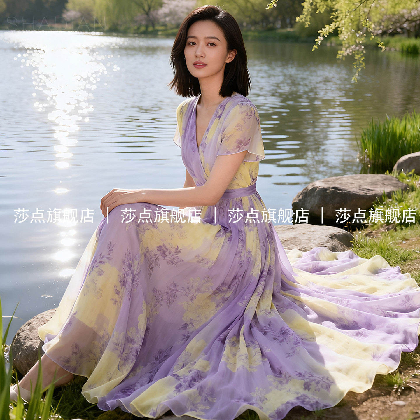 V领短袖海边度假连衣裙女夏