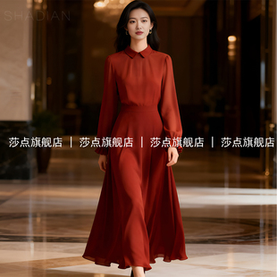 酒红色长袖雪纺连衣裙女修身显瘦气质长裙高级感长款大摆裙衬衫裙