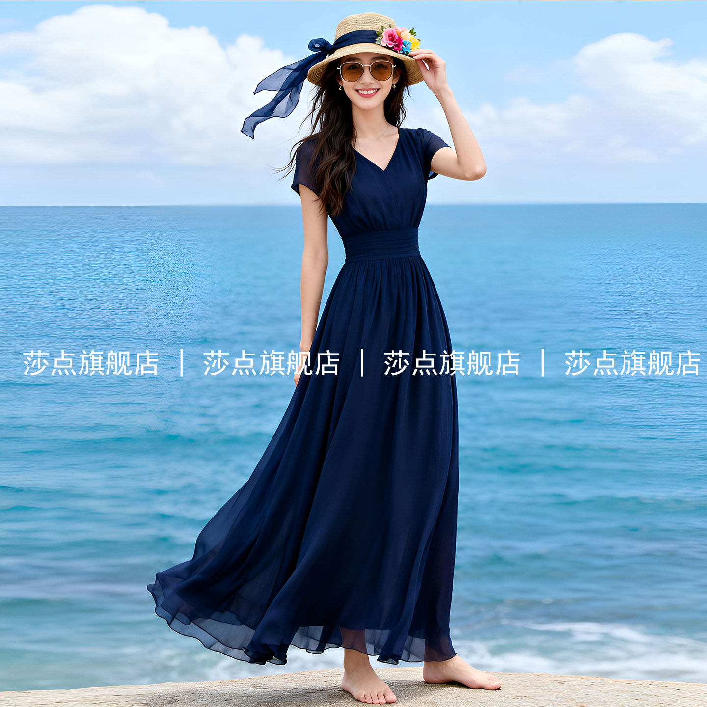 藏青色V领短袖薄纱连衣裙女夏