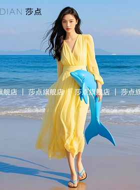 黄色雪纺V领连衣裙女夏气质收腰气质长裙沙滩裙海边度假大摆裙