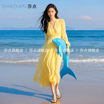 纺V领连衣裙女夏气质收腰气质