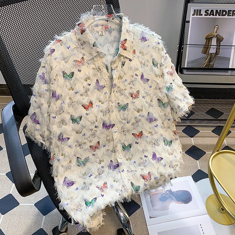花蝴蝶冰丝短袖衬衫男款夏季2025新款流苏设计感潮流情侣上衣外套