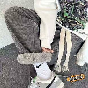 华夫格休闲裤男秋冬加绒加厚学生宽松百搭束脚裤女ins直筒九分裤