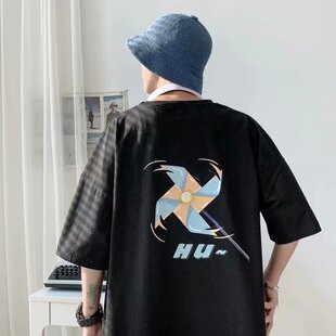 港风T恤男韩版潮流短袖体恤半袖潮ins网红2021新款抖音宽松衣服夏