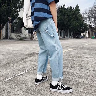 港风潮牌复古老爹裤男女bf风阔腿裤喇叭裤宽松夏季直筒九分裤子潮