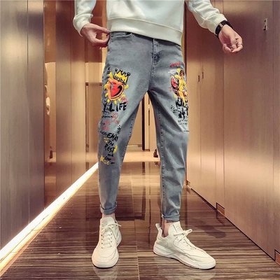 社会精神小伙印花显瘦休闲裤