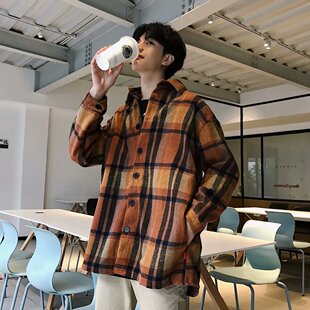 冬季ins超火的潮流男士韩版长袖格子衬衫男毛呢保暖加厚百搭外套