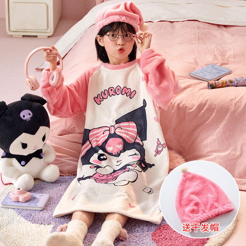 女童睡裙长款秋冬季法兰绒加厚