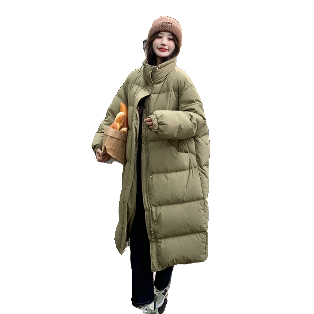 休闲卡其色立领长款保暖羽绒服女冬季2025新款轻薄白鸭绒保暖外套,女装羽绒服,浙宝273