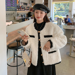 小香风羊羔毛外套女2023秋冬新款气质高级感小个子加厚羊羔绒棉服