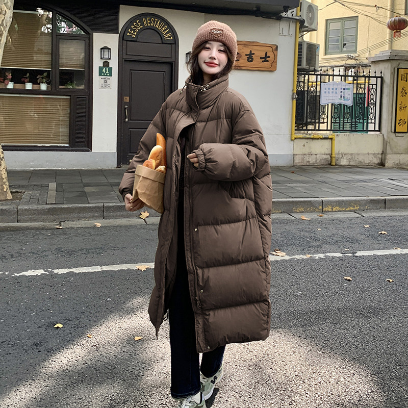休闲卡其色立领长款保暖羽绒服女冬季2025新款轻薄白鸭绒保暖外套,女装羽绒服,浙宝273