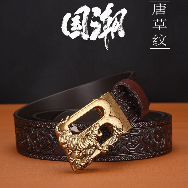 一件代发男士皮带雕花复古自动