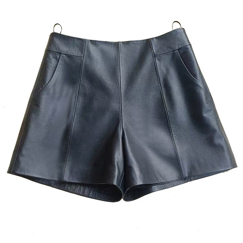 海宁头层牛皮女高腰显瘦阔腿皮裤