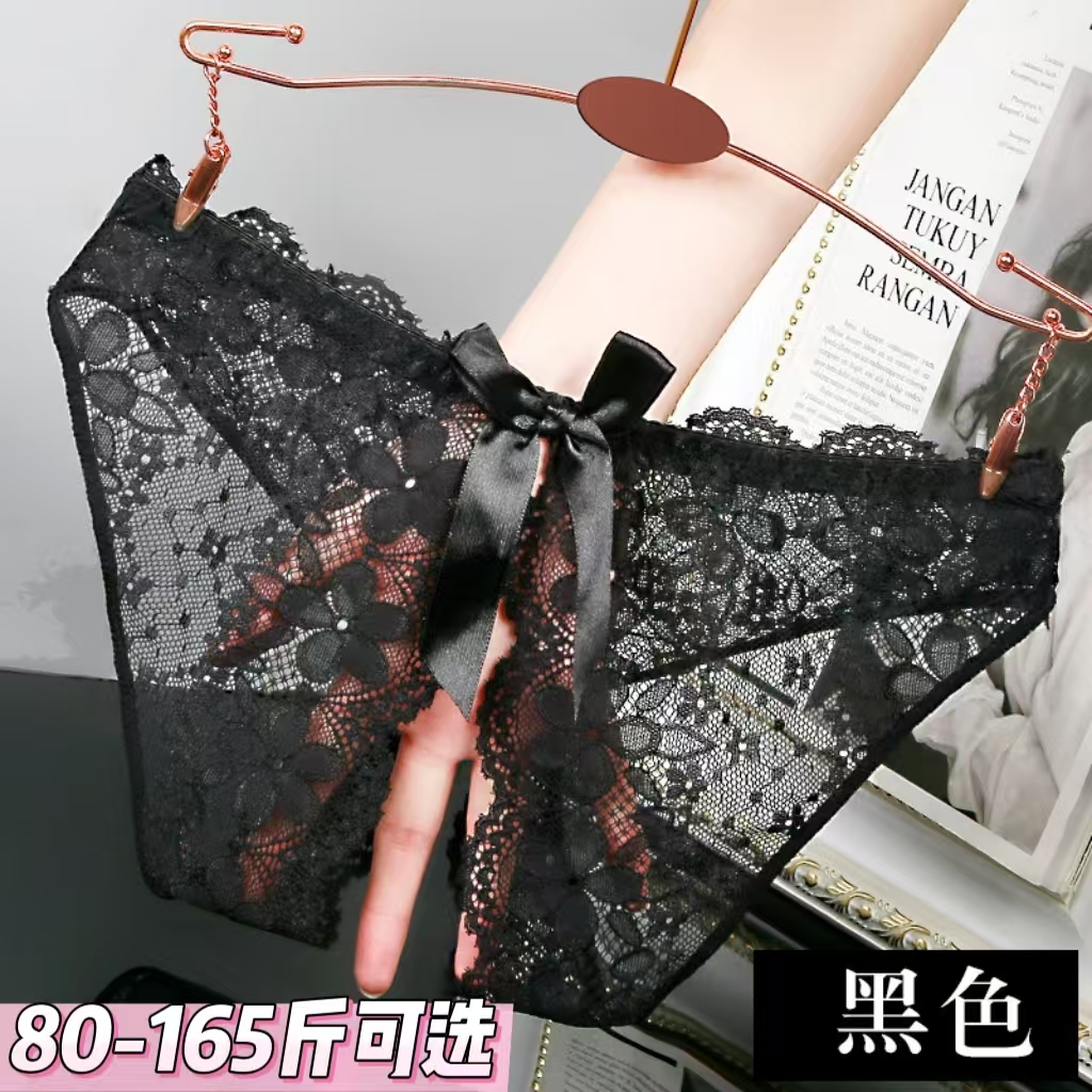 蕾丝大码情调内裤女透明镂空开档免脱蝴蝶结诱惑丁字t裤薄款新款
